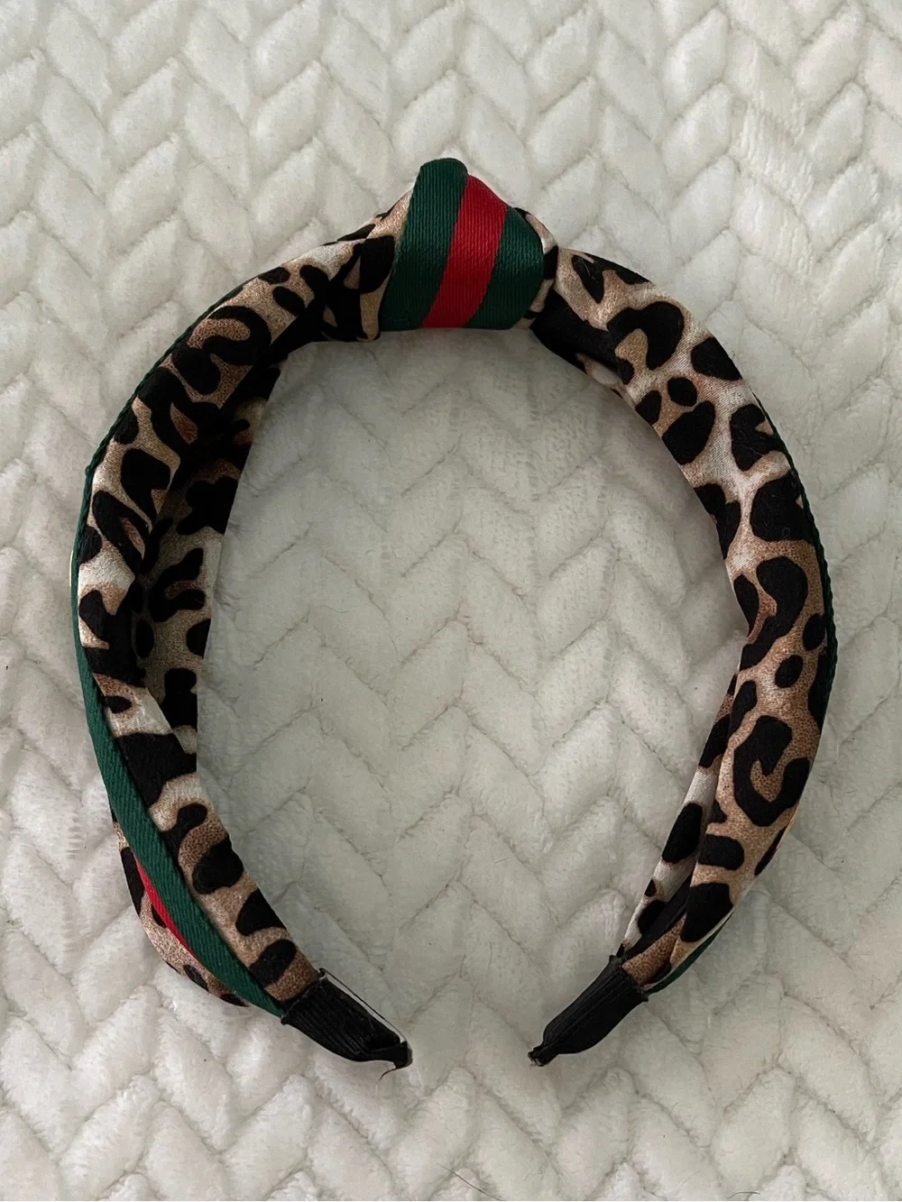 Leopard Print Knotted Headband with Green and Red Stripe